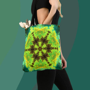 Tote Bag Psychédélique Mandala Fleur jaune vert et bleu