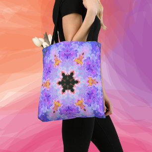 Tote Bag Psychédélique Mandala Flower bleu rose et jaune