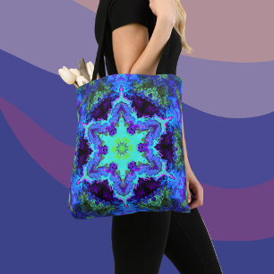 Tote Bag Psychédélique Mandala Flower bleu vert et violet