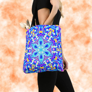 Tote Bag Psychédélique Mandala Flower bleu violet et jaune