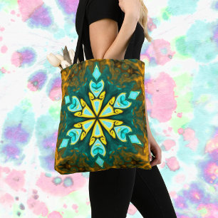 Tote Bag Psychédélique Mandala Flower Turquoise et jaune