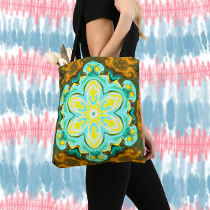 Tote Bag Psychédélique Mandala Flower Turquoise et jaune