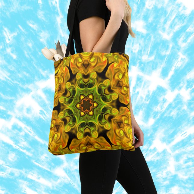 Tote Bag Psychédélique Mandala Flower vert et jaune (Créateur téléchargé)