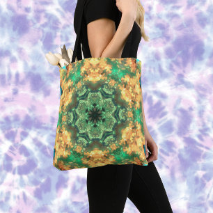 Tote Bag Psychédélique Mandala Flower vert et jaune