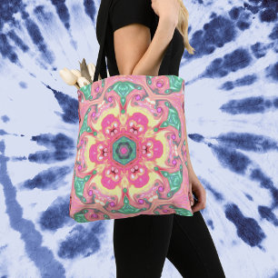 Tote Bag Psychédélique Mandala Flower vert rose et jaune
