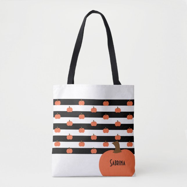Tote Bag Pumpkin with White & Black Stripes - Personalized  (Devant)