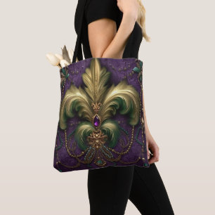 TOTE BAG PURPLE AVEC VERT & OR MARDI GRAS FLEUR DI LIS