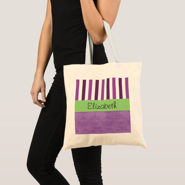 Tote Bag Purple Damask, Purple Stripes, Stripe, Votre Nom (Devant (produit))