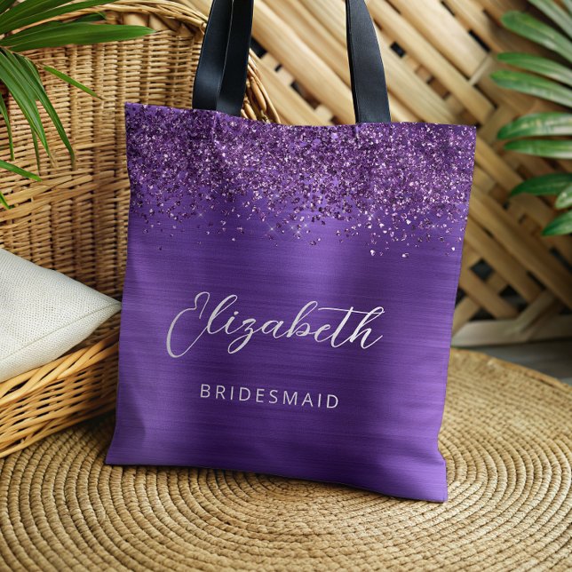 Tote Bag Purple Glam Metallic Modern Script Bridesmaid (Créateur téléchargé)
