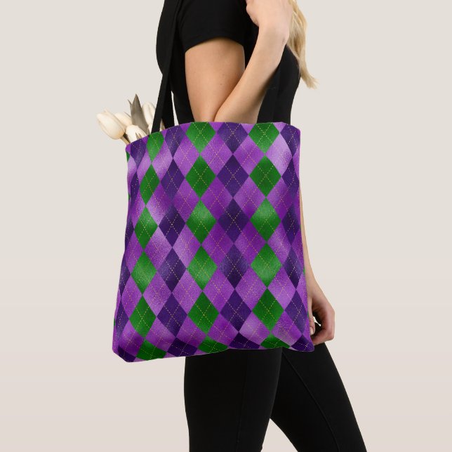 TOTE BAG PURPLE & GREEN MARDI GRAS DIAMOND MOTIFS (De près)