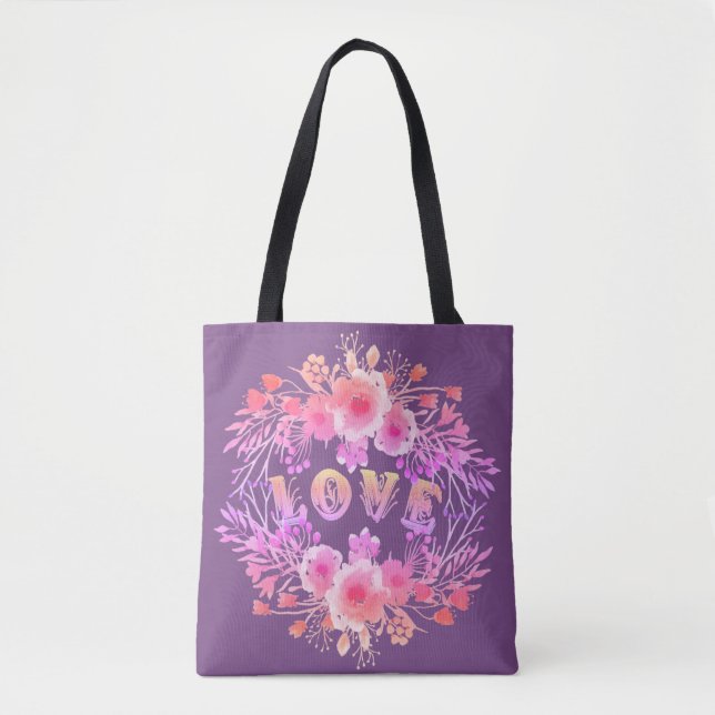 Tote Bag Purple LOVE dans l'aquarelle Fleurs (Devant)