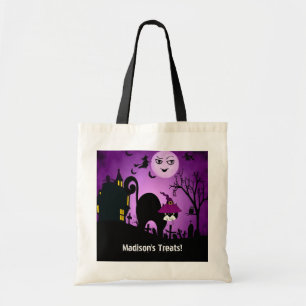 Tote Bag Purple Witch Black Cat Trick or Treat