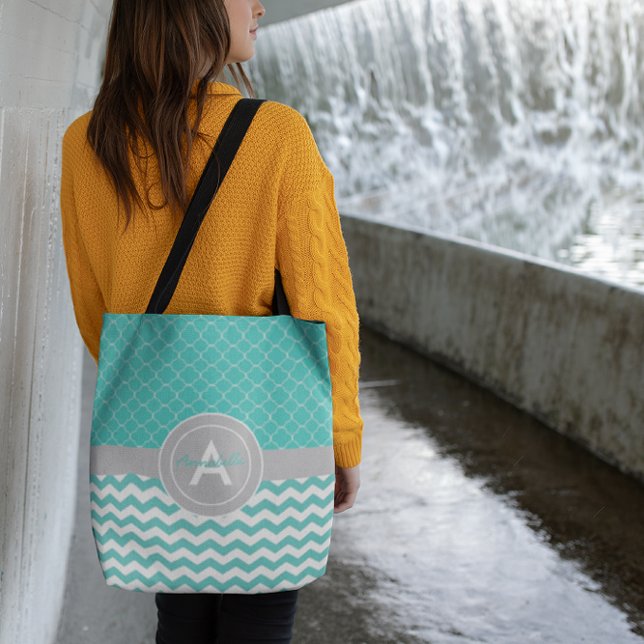Tote Bag Quatrefoil turquoise Grey Chevron (Créateur téléchargé)