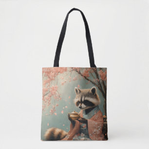 Tote Bag Raccoon Bouddha : Thé Paisible Sous Cherry Tree