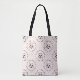 Tote Bag Raccoon et couronne florale. Motif aquarelle