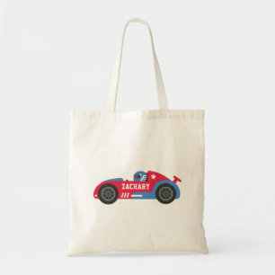 Tote Bag Racer en Rouge Bleu et Blanc Course Voiture Nom