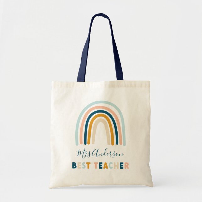Tote Bag Rainbow bleu jaune personnalisé meilleur enseignan (Devant)