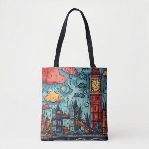 Tote Bag Rainy Day à Londres, Illustration colorée du Doodl