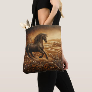Tote Bag Ranch de chevaux en cuir au coucher du soleil