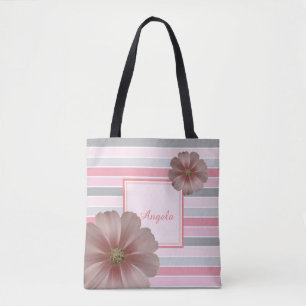 Tote Bag Rayé tendance, Fleurs  -Personnalisé
