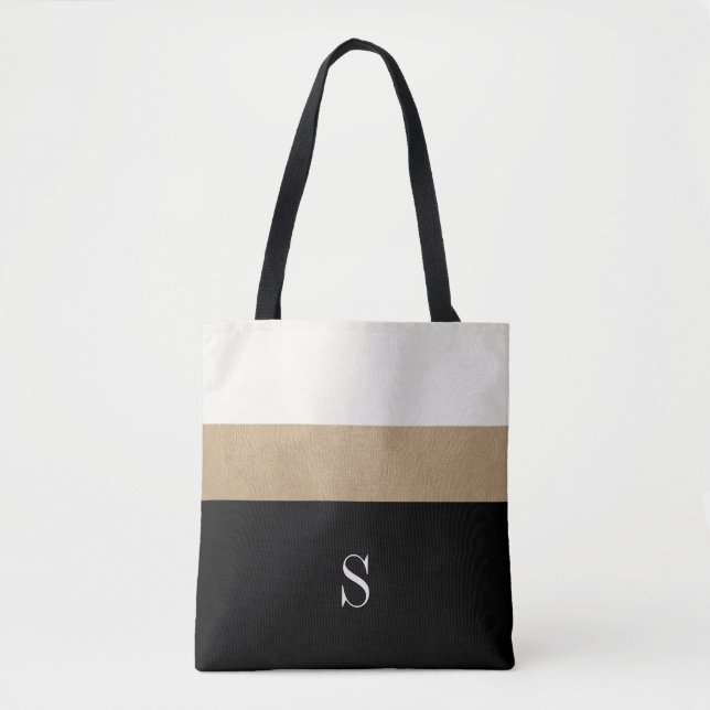 Tote Bag Rayure moderne d'or de noir de monogramme (Devant)