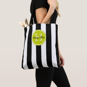 Tote Bag Rayure Noir et Blanc avec Monogramme Vert Citron