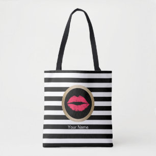 Tote Bag Rayures blanches noires modernes de lèvres rouges
