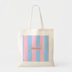 Tote Bag Rayures de bonbons personnalisées bleu pastel et r