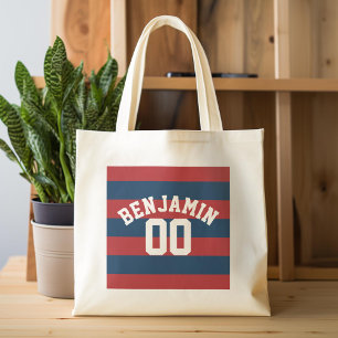 Tote Bag Rayures de rugby bleu marine et rouge Nom Numéro