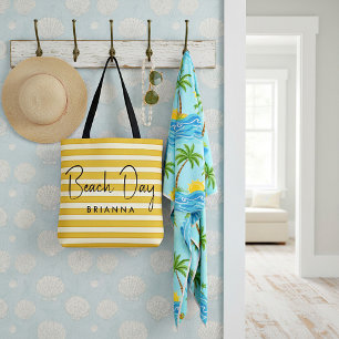 Tote Bag Rayures jaunes journée à la plage personnalisée