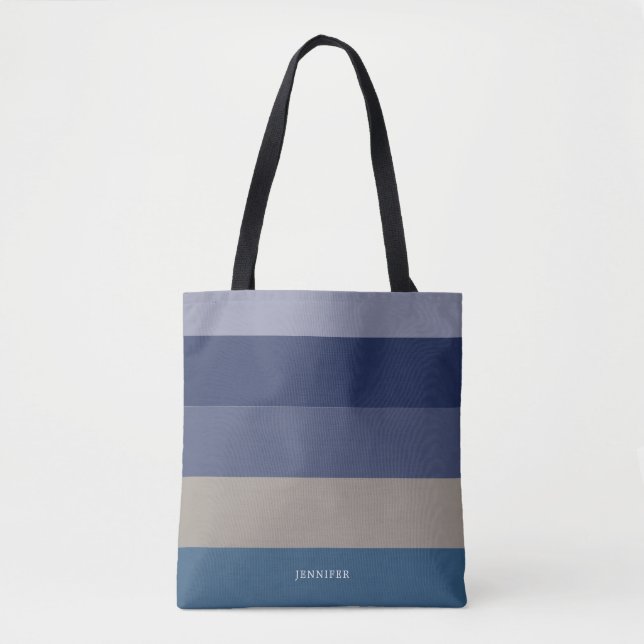 Tote Bag Rayures modernes avec monogramme nuances de bleu (Devant)