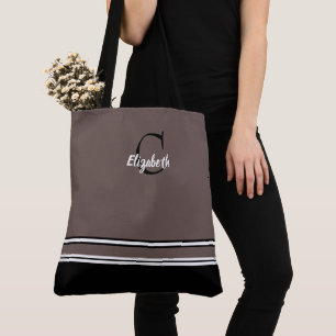 Tote Bag Rayures Monogramme Moderne Noir Taupe