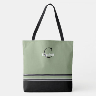 Tote Bag Rayures Monogramme Vert Sauge Personnalisées
