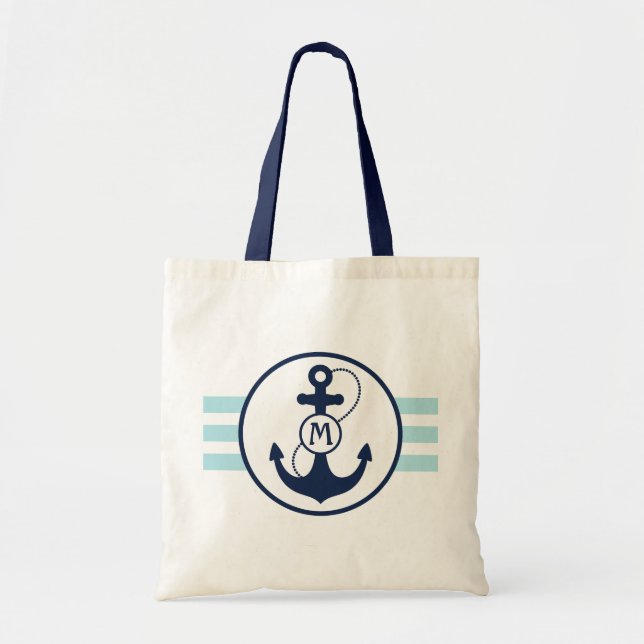 Tote Bag Rayures nautiques bleu-clair avec le monogramme (Devant)