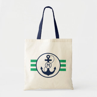 Tote Bag Rayures nautiques vertes avec le monogramme