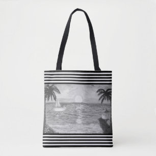 Tote Bag Rayures noires et blanches et paysage de plage océ