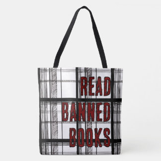 Tote Bag Read Banned Books Hand Drawn Plaid
