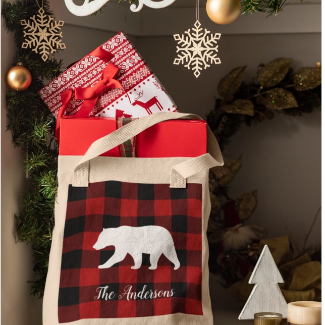 Tote Bag Red Buffalo Plaid & Bear | Nom personnel Cadeau (Créateur téléchargé)