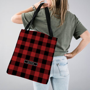 Tote Bag Red Buffalo Plaid Motif Monogramme Bridesmaid
