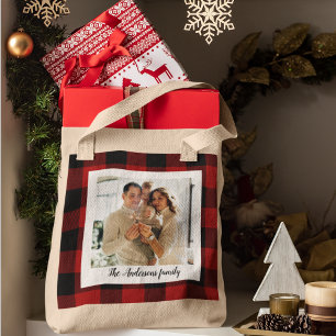 Tote Bag Red Buffalo Plaid & Nom Personnel Et Photo