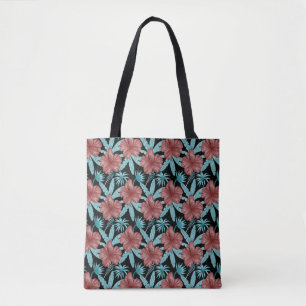 Tote Bag Red flowers tropical seamless pattern &blue leaves