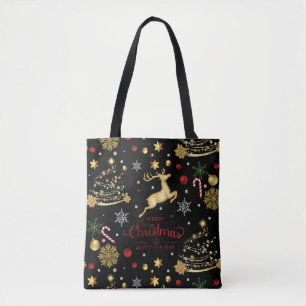 Tote Bag Red Gold Reindeer Joyeux sapin de Noël