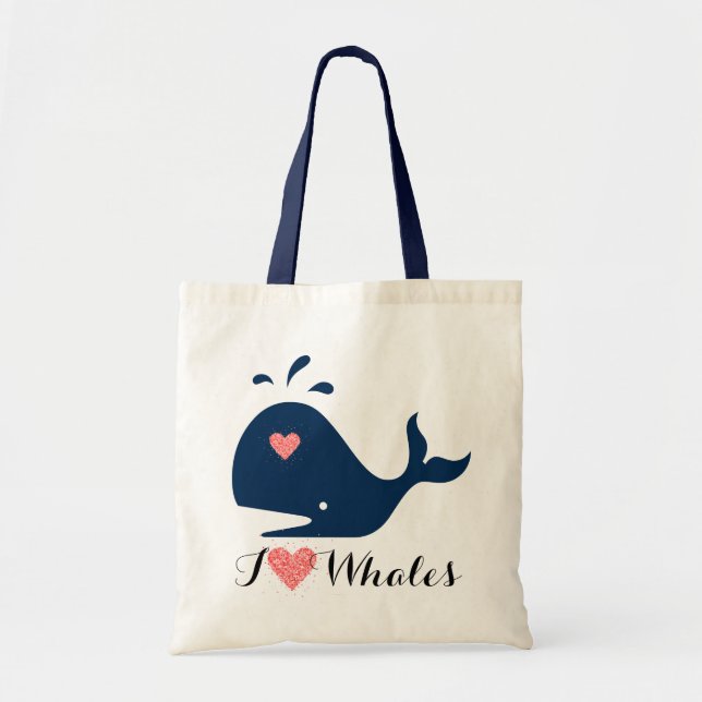 Tote Bag Red Heart & Blue Text I Love Whales (Devant)
