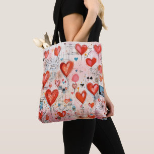 Tote Bag Red Hearts Whimsical Love Motif