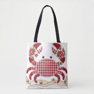 Tote Bag Red Patchwork Quilt Crab