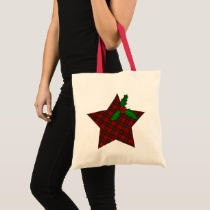 Tote Bag Red tartan Noël plaid hiver Star Holly twig