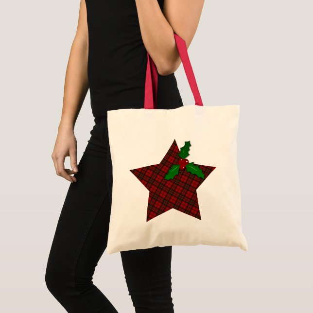 Tote Bag Red tartan Noël plaid hiver Star Holly twig (Devant (produit))