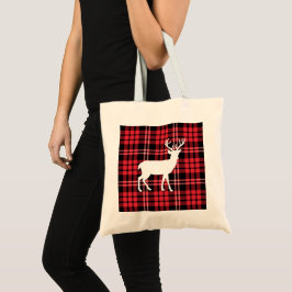 Tote Bag Red Tartan Plaid Motif Blanc Noël Cerf Stade