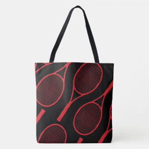 Tote Bag red tennis racquets on black