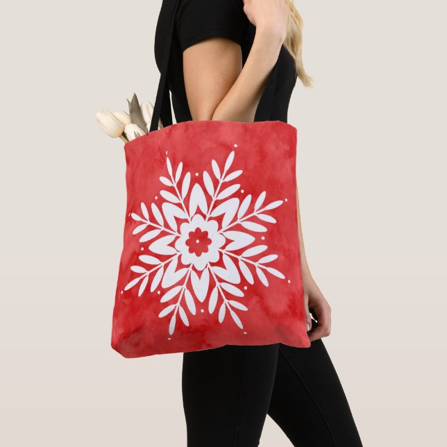 Tote Bag Red Watercolor Abstract Snowflake (De près)